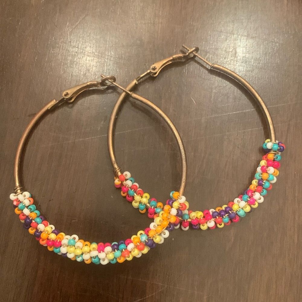 Boho rainbow beaded large hoop earrings